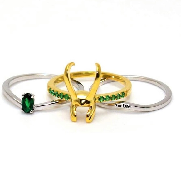 Loki rings 3 pc set new green silver gold rhinestone love Loki horns - Picture 2 of 14